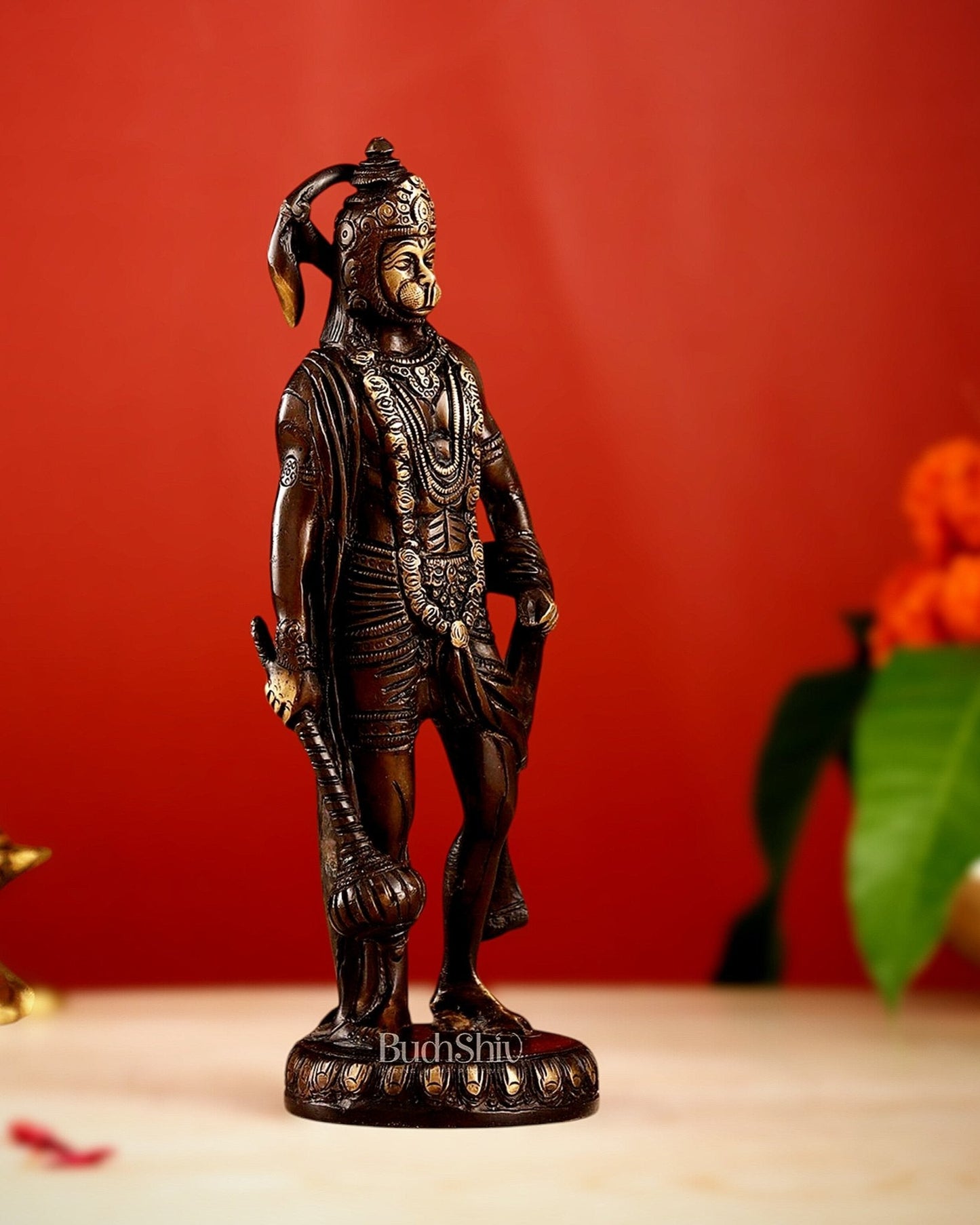 Handmade Brass Lord Hanuman Statue | Brown Gold Finish | 10" Height