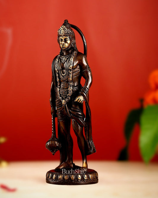 Handmade Brass Lord Hanuman Statue | Brown Gold Finish | 10" Height