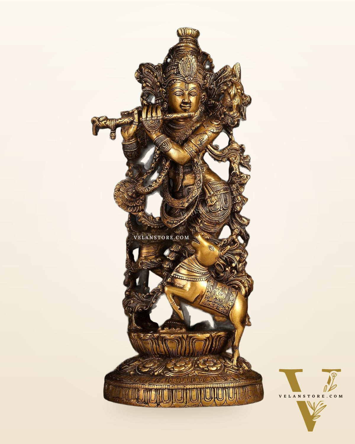 Handmade Brass Lord Krishna with Jumping Cow Statue - 18"