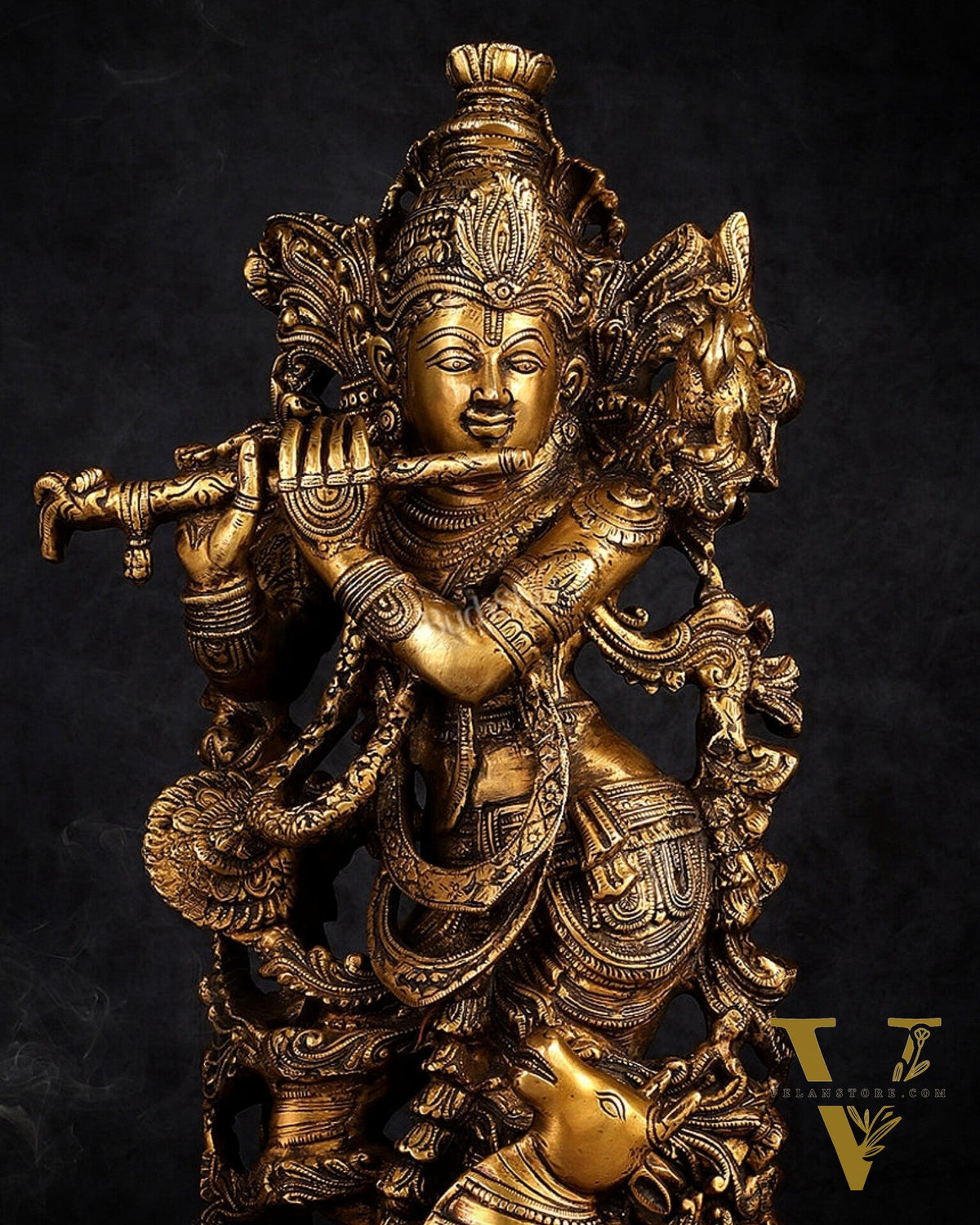 Handmade Brass Lord Krishna with Jumping Cow Statue - 18"