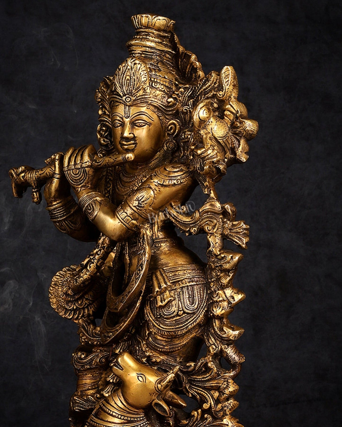 Handmade Brass Lord Krishna with Jumping Cow Statue - 18"