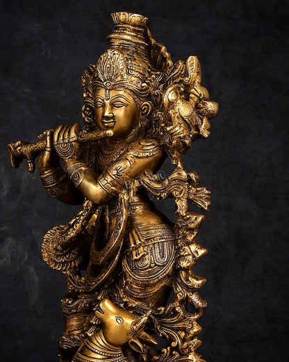 Handmade Brass Lord Krishna with Jumping Cow Statue - 18"