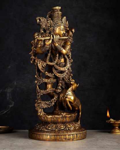 Handmade Brass Lord Krishna with Jumping Cow Statue - 18"