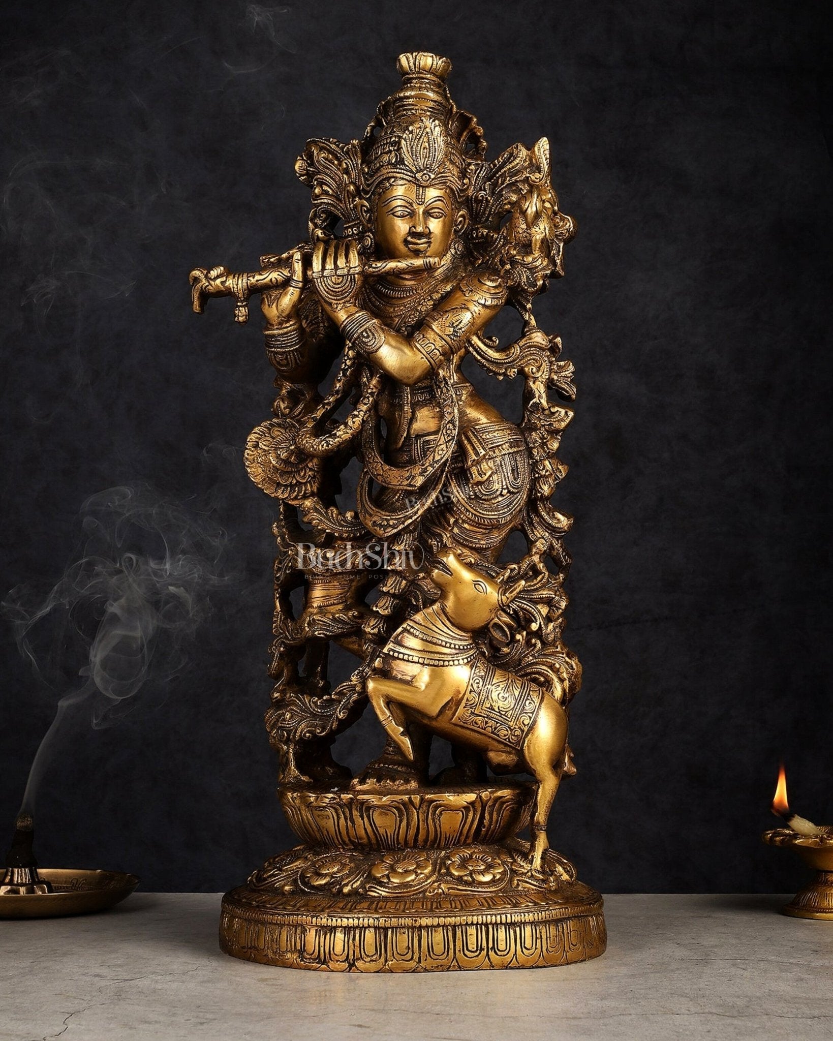 Handmade Brass Lord Krishna with Jumping Cow Statue - 18"