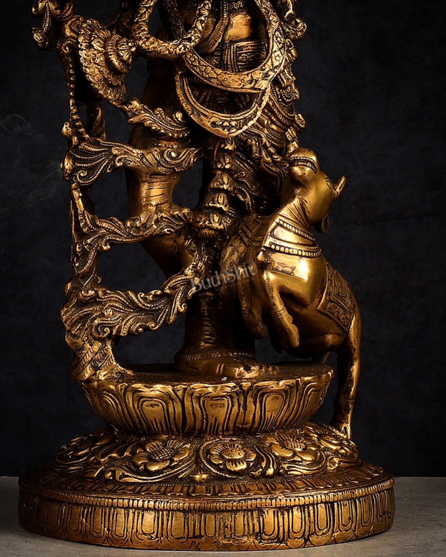 Handmade Brass Lord Krishna with Jumping Cow Statue - 18"