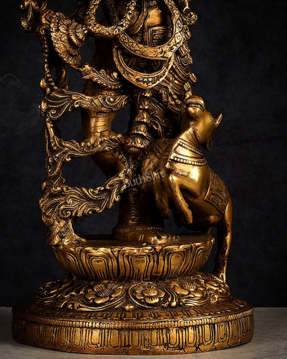 Handmade Brass Lord Krishna with Jumping Cow Statue - 18"