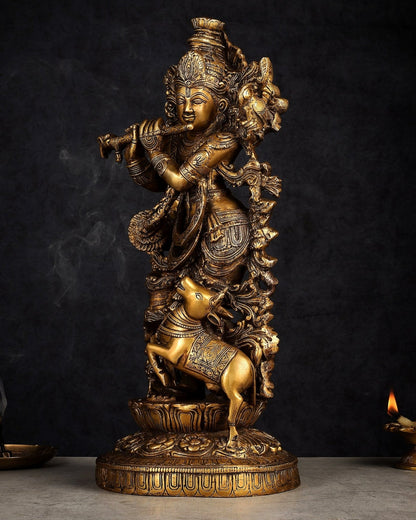 Handmade Brass Lord Krishna with Jumping Cow Statue - 18"