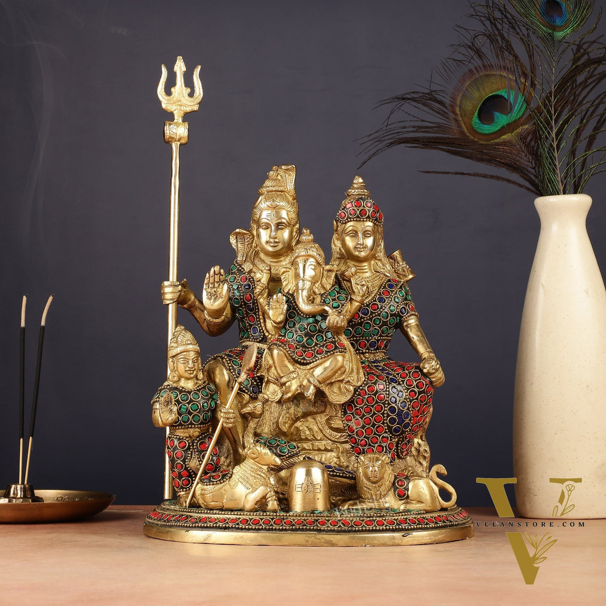Handmade Brass Lord Shiva Parivaar Idol 10" with stonework
