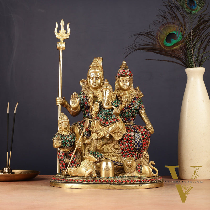 Handmade Brass Lord Shiva Parivaar Idol 10" with stonework