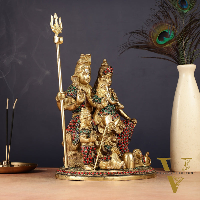 Handmade Brass Lord Shiva Parivaar Idol 10" with stonework