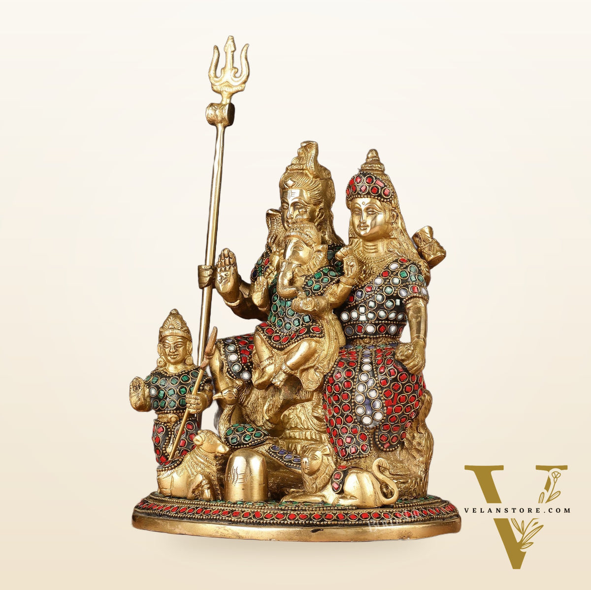 Handmade Brass Lord Shiva Parivaar Idol 10" with stonework