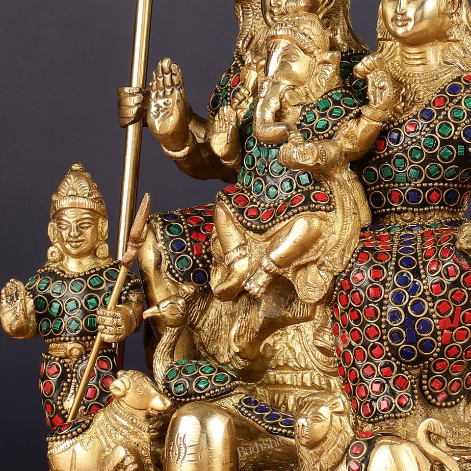 Handmade Brass Lord Shiva Parivaar Idol 10" with stonework