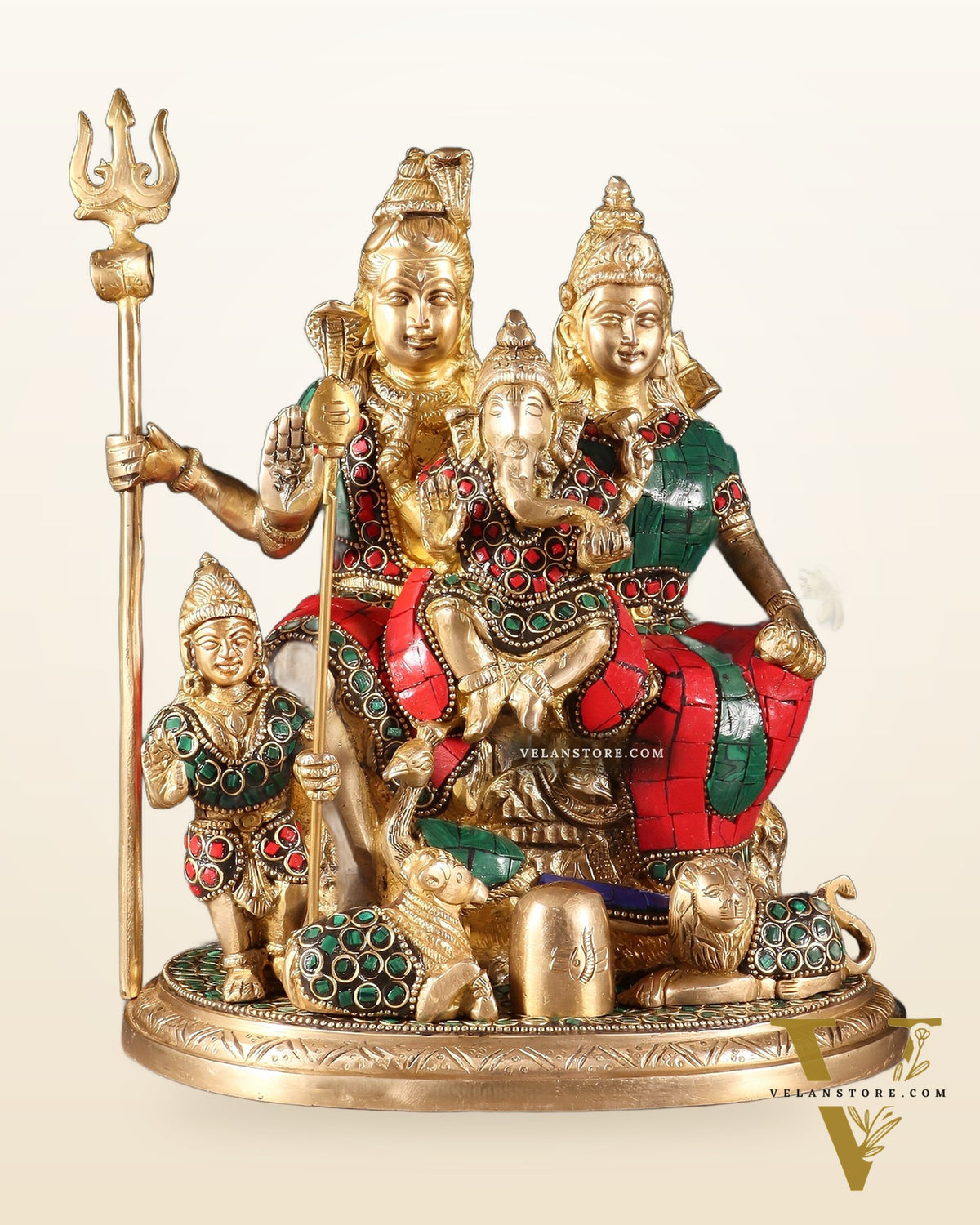 Handmade Brass Lord Shiva Parivaar Idol 9.5" with stonework
