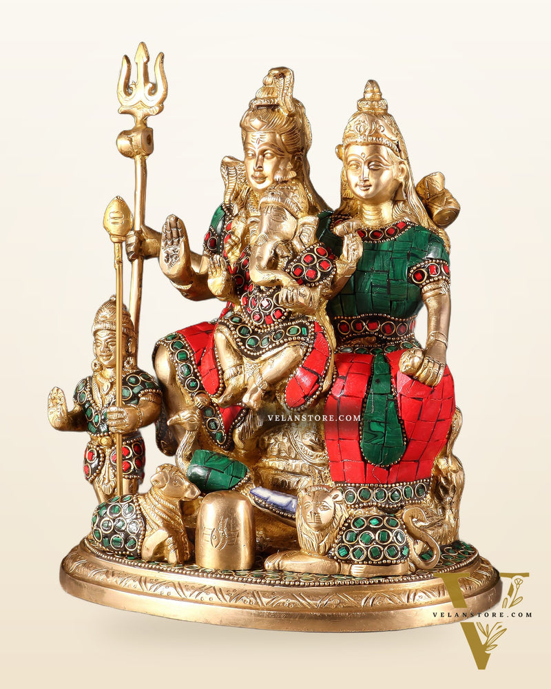 Handmade Brass Lord Shiva Parivaar Idol 9.5" with stonework