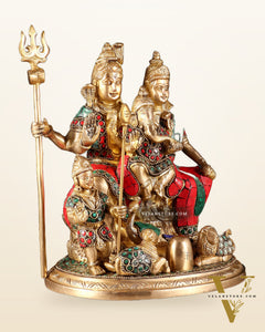 Handmade Brass Lord Shiva Parivaar Idol 9.5" with stonework