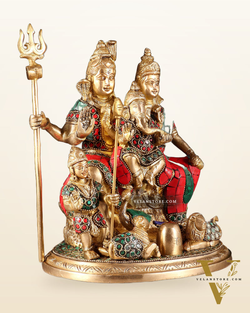 Handmade Brass Lord Shiva Parivaar Idol 9.5" with stonework