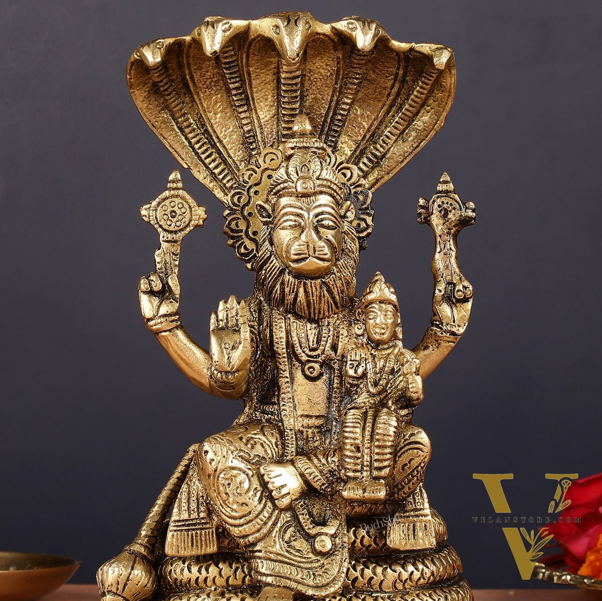 Handmade Brass Narasimha Lakshmi Statue - 8 inch