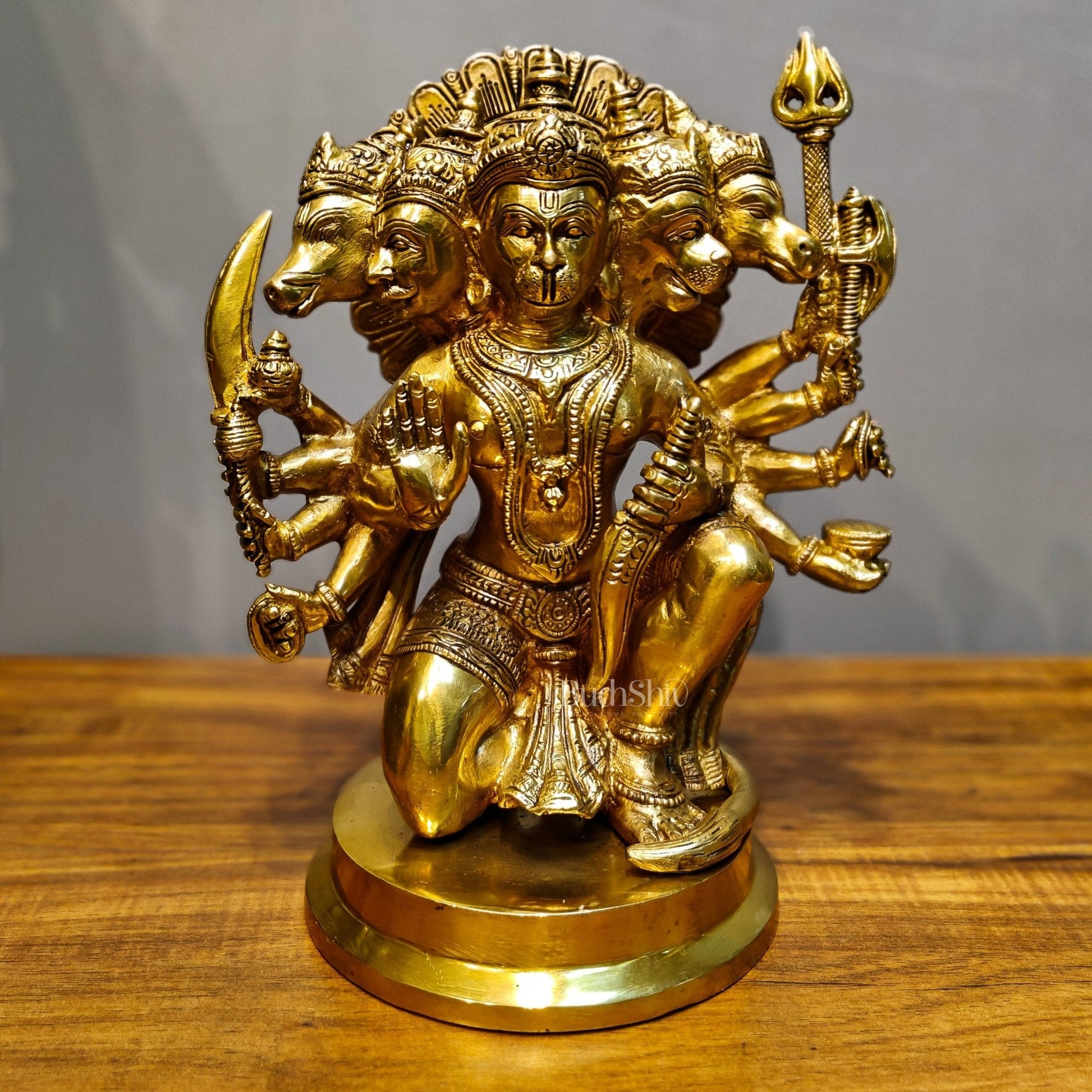 Handmade Brass Panchmukhi Hanuman Statue - Shine Finish 11inch
