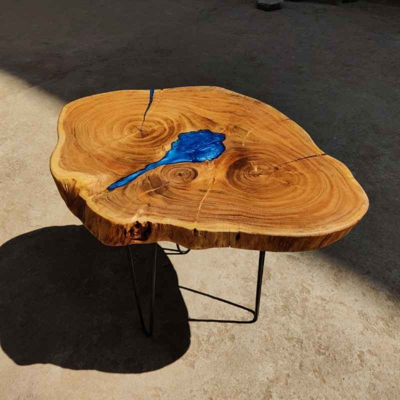 Handmade Epoxy River Live Edge Crosscut Slab Table | Statement Resin Coffee Table | Solid Wood Center Table | Custom Wood River Design | Tree Trunk Coffee Table