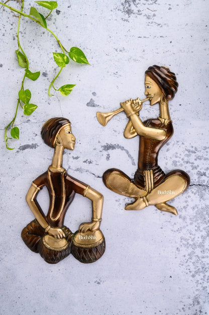 Hanging Musicians Set in Pure Brass - Set of 2 - Antique Finish Wall Decor