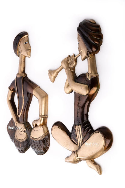 Hanging Musicians Set in Pure Brass - Set of 2 - Antique Finish Wall Decor