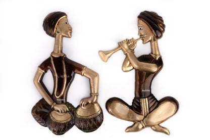 Hanging Musicians Set in Pure Brass - Set of 2 - Antique Finish Wall Decor
