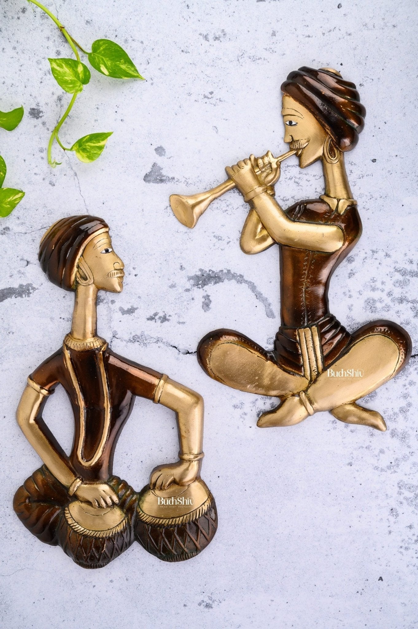 Hanging Musicians Set in Pure Brass - Set of 2 - Antique Finish Wall Decor