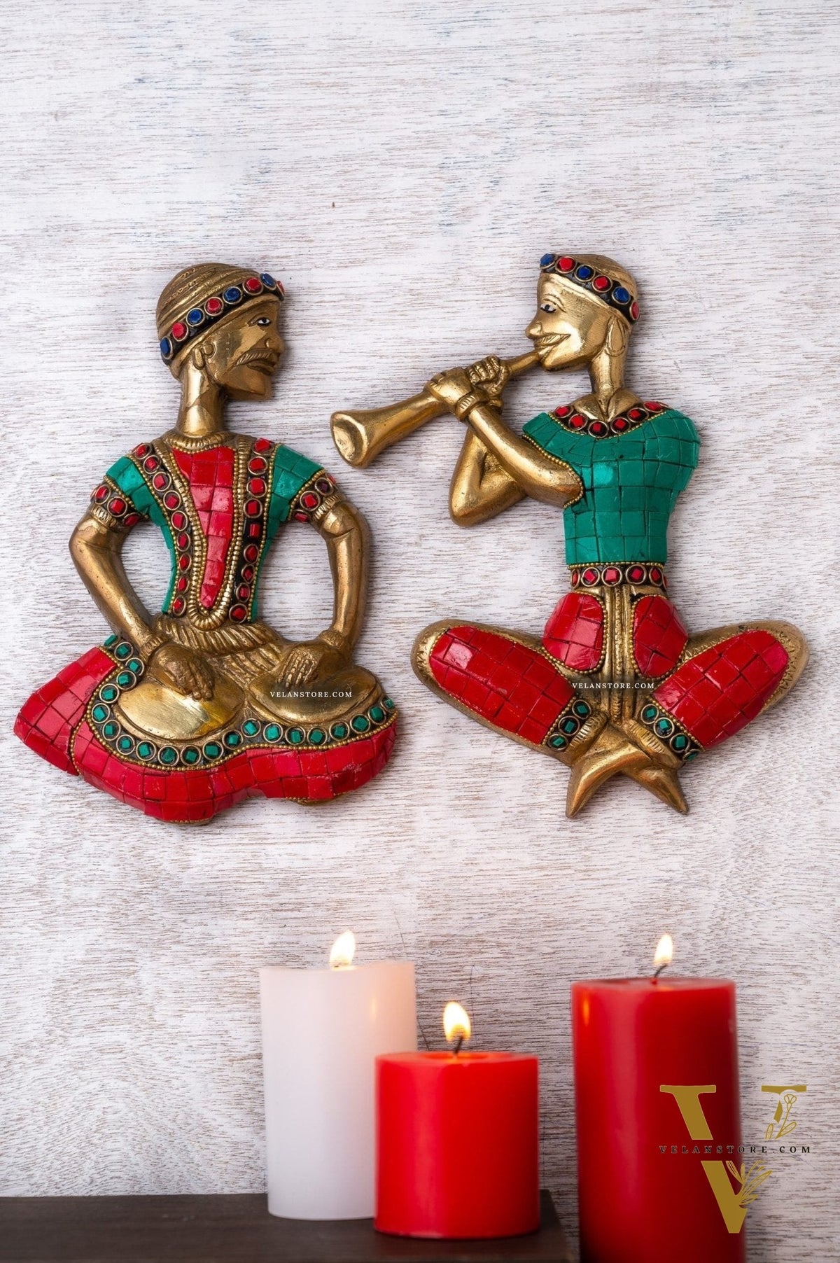 Handmade Hanging Musicians Set with Unique Coloured Stonework | in Pure Brass - Set of 2 - Wall Decor for Home, Office or Gift