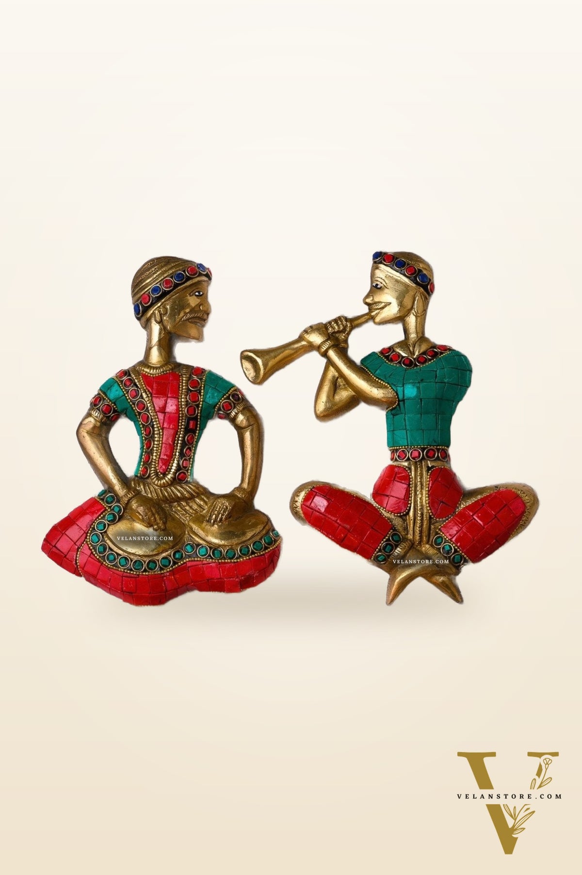 Handmade Hanging Musicians Set with Unique Coloured Stonework | in Pure Brass - Set of 2 - Wall Decor for Home, Office or Gift