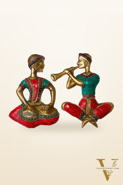 Handmade Hanging Musicians Set with Unique Coloured Stonework | in Pure Brass - Set of 2 - Wall Decor for Home, Office or Gift