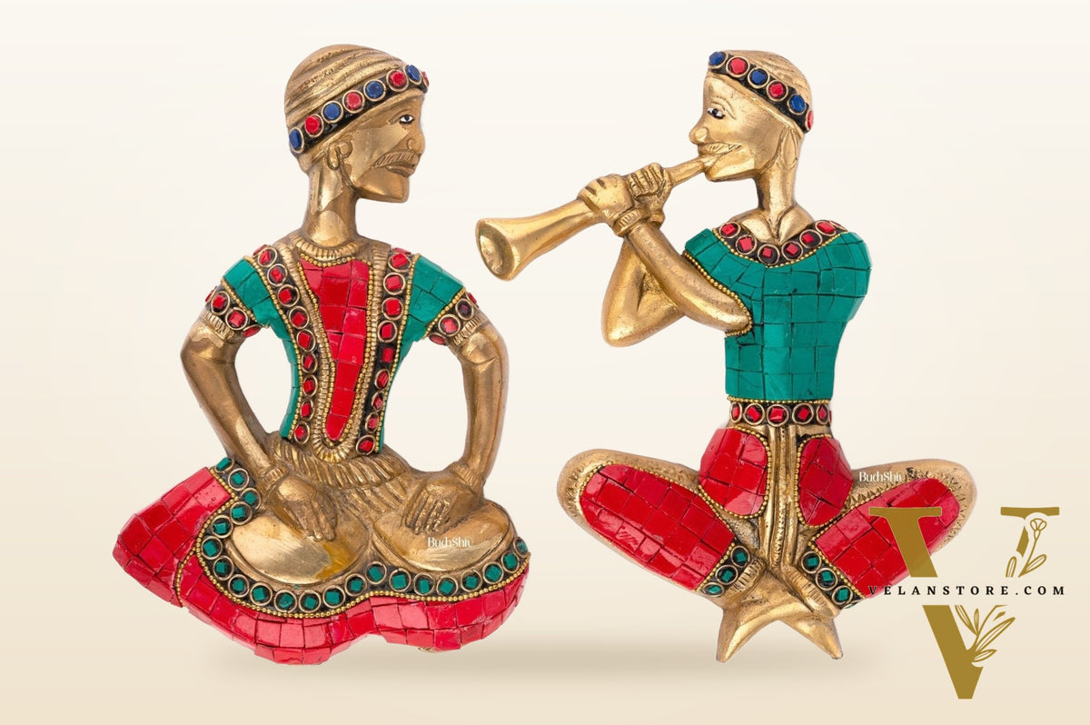 Handmade Hanging Musicians Set with Unique Coloured Stonework | in Pure Brass - Set of 2 - Wall Decor for Home, Office or Gift