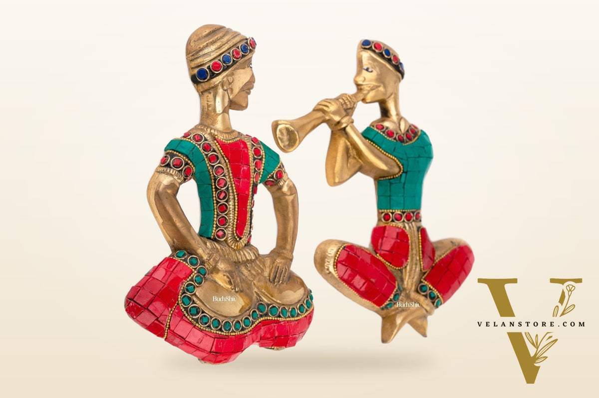 Handmade Hanging Musicians Set with Unique Coloured Stonework | in Pure Brass - Set of 2 - Wall Decor for Home, Office or Gift