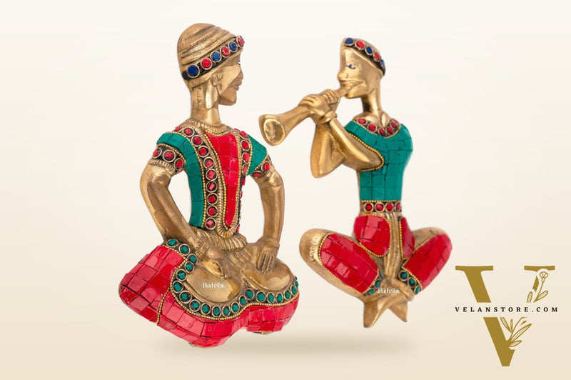 Handmade Hanging Musicians Set with Unique Coloured Stonework | in Pure Brass - Set of 2 - Wall Decor for Home, Office or Gift