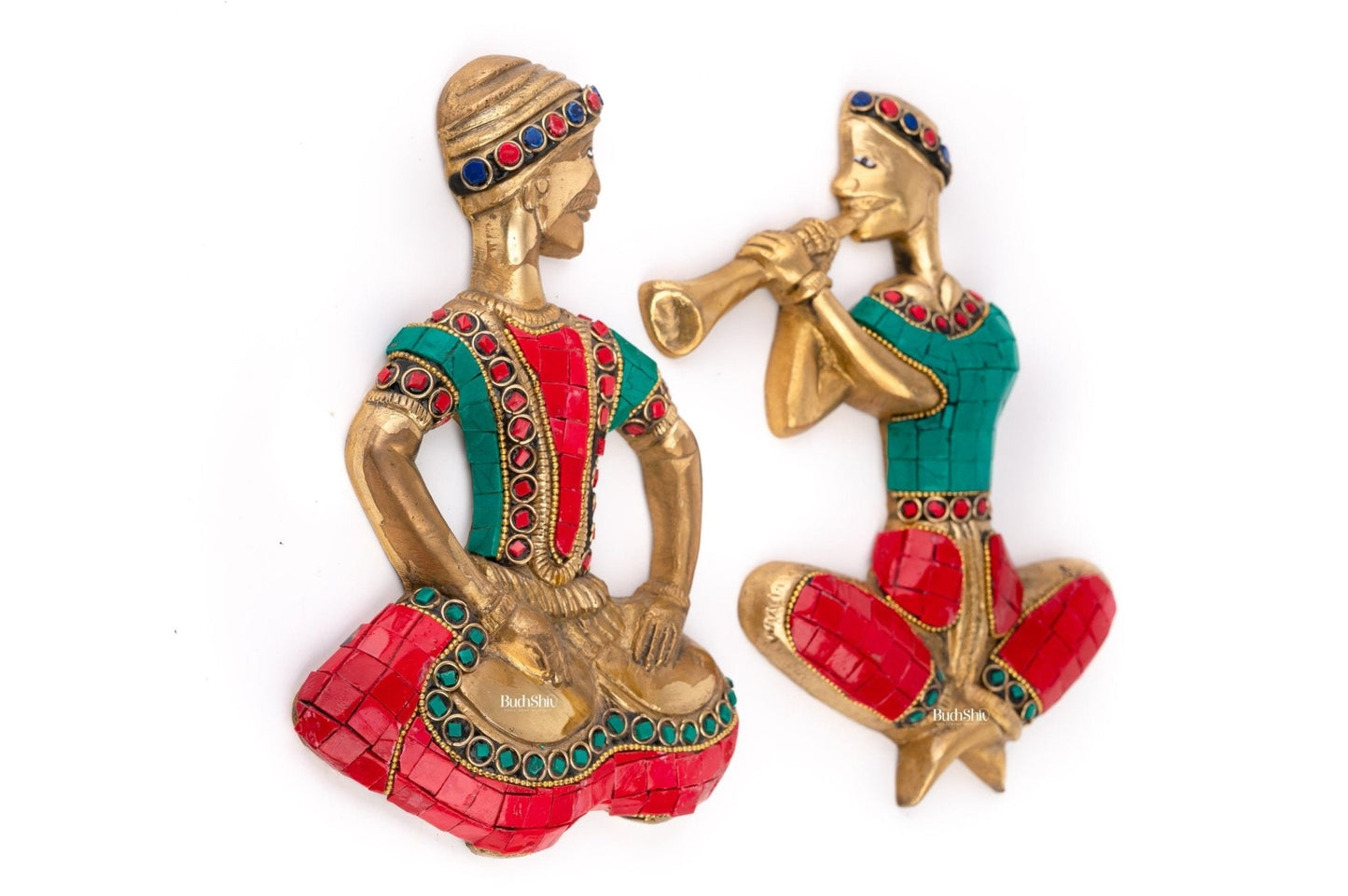 Handmade Hanging Musicians Set with Unique Coloured Stonework | in Pure Brass - Set of 2 - Wall Decor for Home, Office or Gift