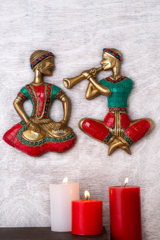 Handmade Hanging Musicians Set with Unique Coloured Stonework | in Pure Brass - Set of 2 - Wall Decor for Home, Office or Gift