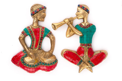 Handmade Hanging Musicians Set with Unique Coloured Stonework | in Pure Brass - Set of 2 - Wall Decor for Home, Office or Gift