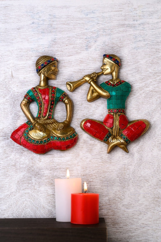Handmade Hanging Musicians Set with Unique Coloured Stonework | in Pure Brass - Set of 2 - Wall Decor for Home, Office or Gift