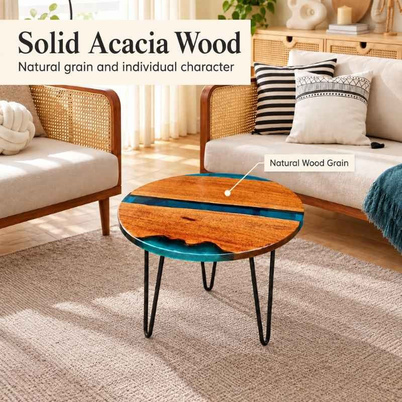 Round Live Edge Epoxy Coffee Table, Solid Wood Center Table with Blue Resin, Natural Wood Table with Metal Hairpin Legs, Custom Size Coffee Table, Creative Sofa Side Table