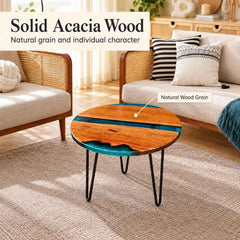 Round Live Edge Epoxy Coffee Table, Solid Wood Center Table with Blue Resin, Natural Wood Table with Metal Hairpin Legs, Custom Size Coffee Table, Creative Sofa Side Table