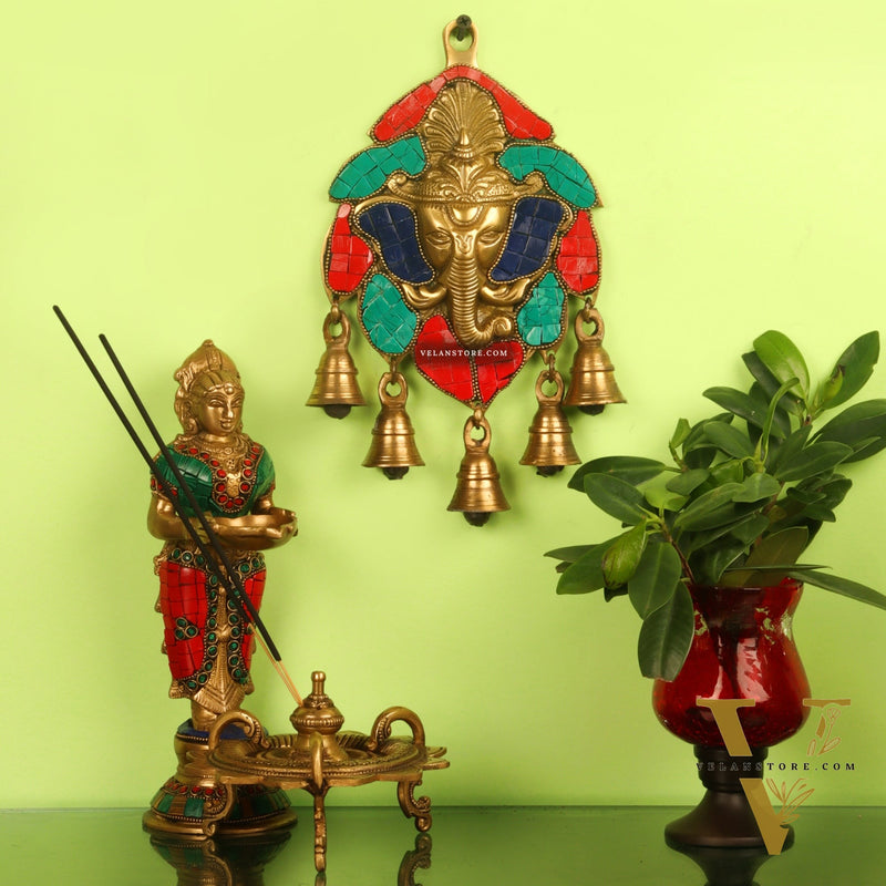 Handmade Pure Brass Ganesh Face Wall Hanging with Bells 10" Stonework