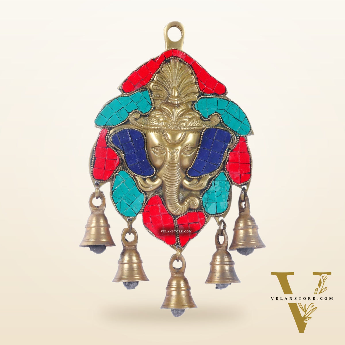 Handmade Pure Brass Ganesh Face Wall Hanging with Bells 10" Stonework