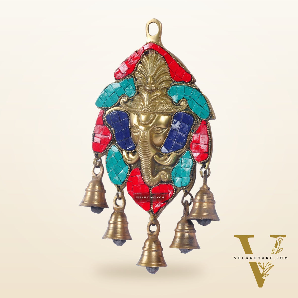 Handmade Pure Brass Ganesh Face Wall Hanging with Bells 10" Stonework