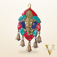Handmade Pure Brass Ganesh Face Wall Hanging with Bells 10" Stonework
