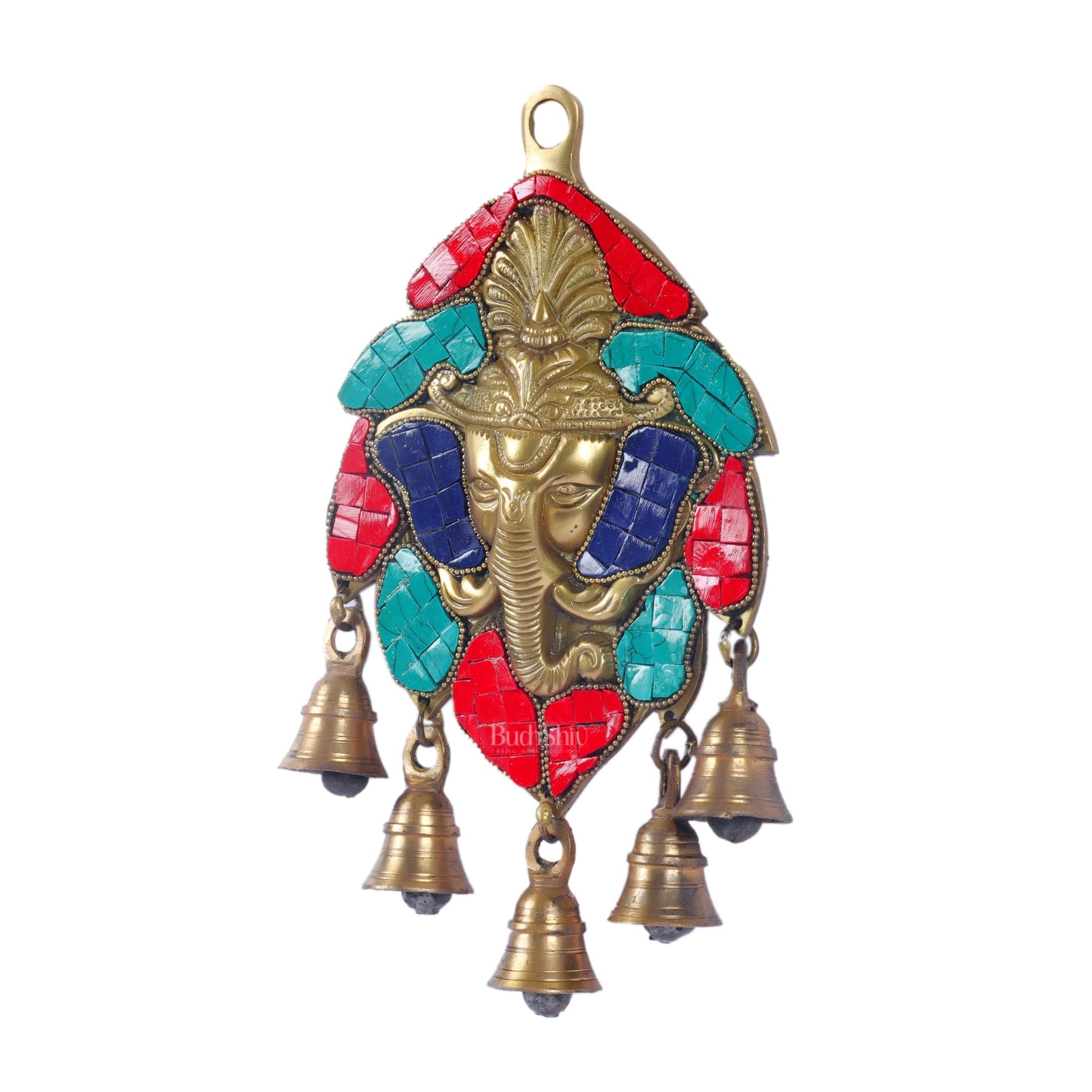 Handmade Pure Brass Ganesh Face Wall Hanging with Bells 10" Stonework