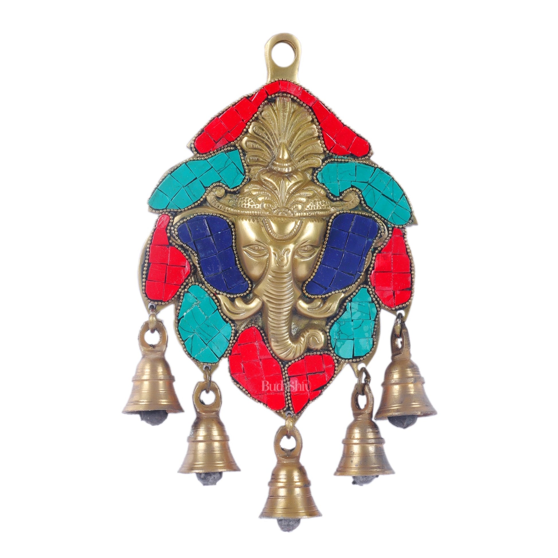 Handmade Pure Brass Ganesh Face Wall Hanging with Bells 10" Stonework