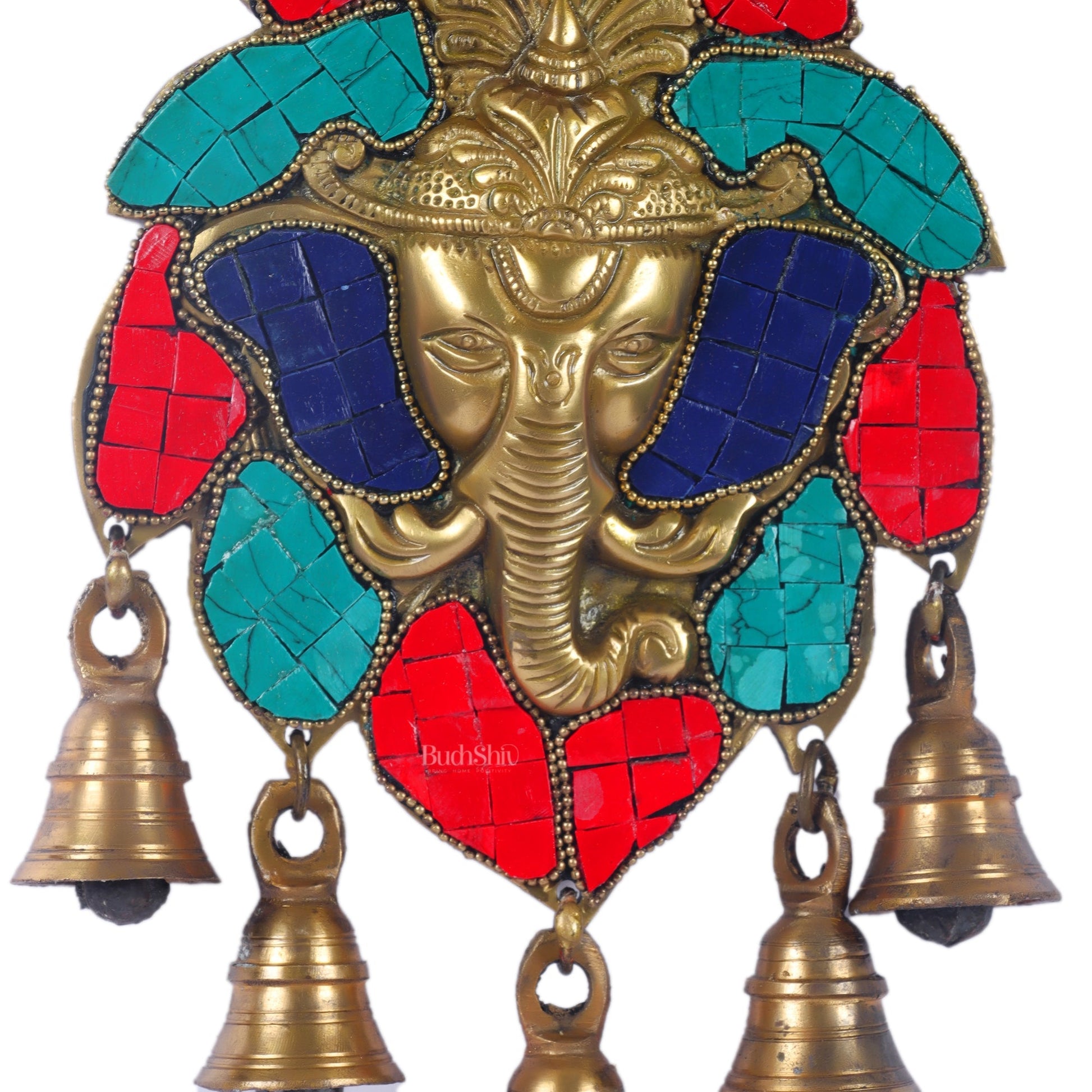 Handmade Pure Brass Ganesh Face Wall Hanging with Bells 10" Stonework