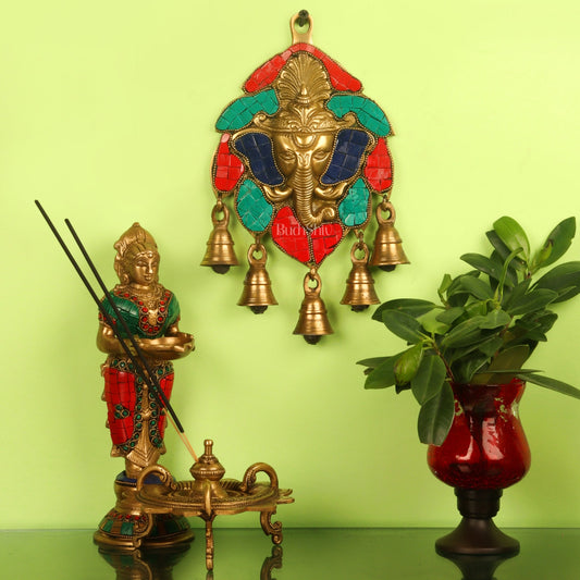 Handmade Pure Brass Ganesh Face Wall Hanging with Bells 10" Stonework