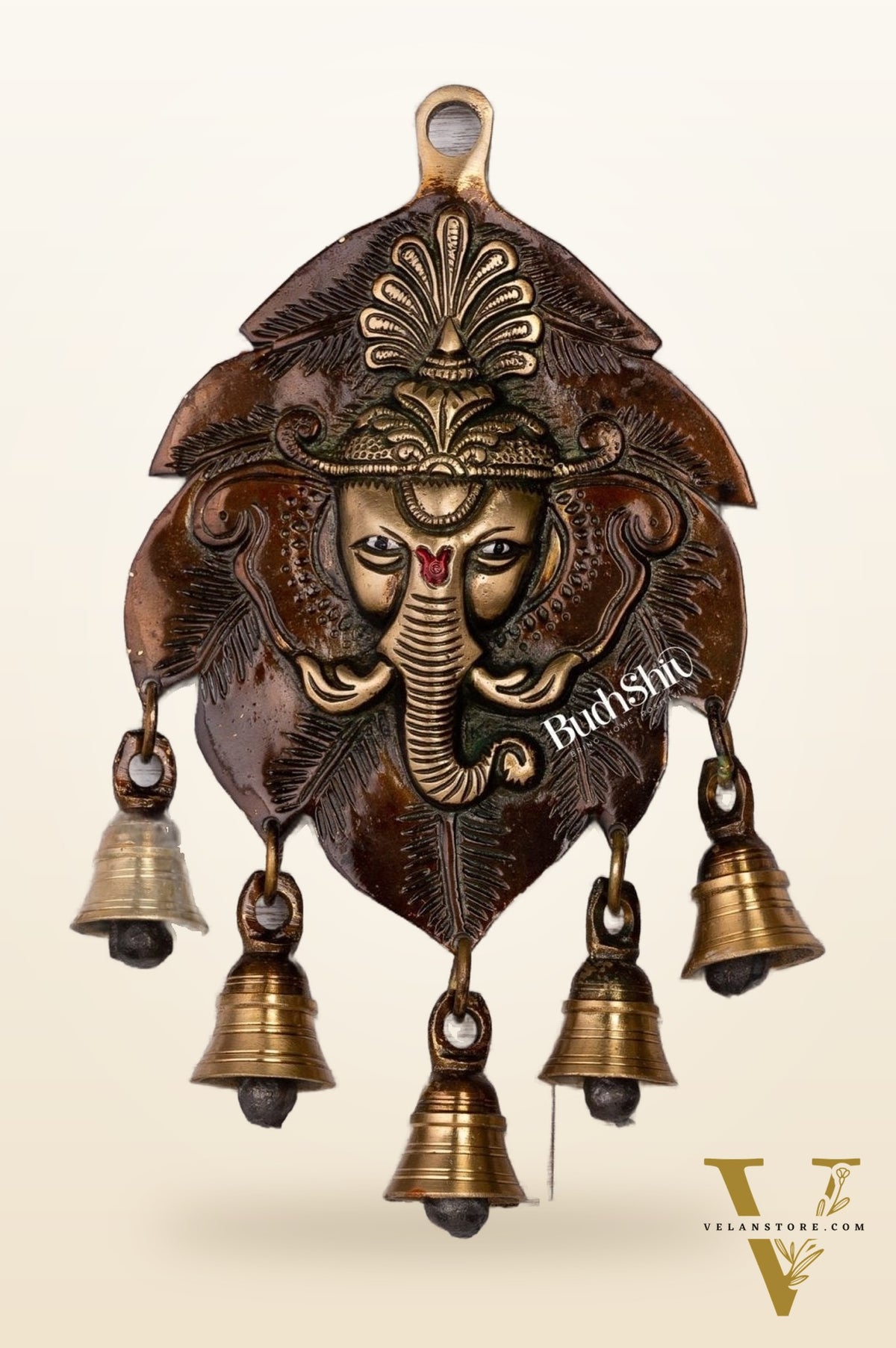 Handmade Pure Brass Ganesh Face Wall Hanging with Bells 10"