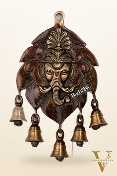 Handmade Pure Brass Ganesh Face Wall Hanging with Bells 10"