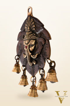 Handmade Pure Brass Ganesh Face Wall Hanging with Bells 10"